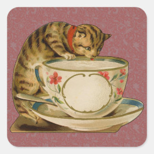 Cat Teacup Schattige  Victoriaans Vierkante Sticker