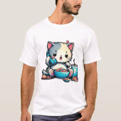 Cat telefoon eten kunst ontwerp t-shirt (Voorkant)