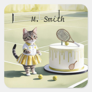 Cat tennisser aan het hof met verjaardagstaart vierkante sticker