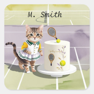 Cat tennisser aan het hof met verjaardagstaart vierkante sticker