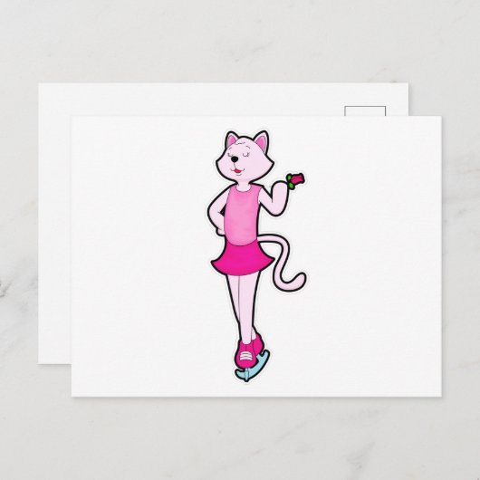 Cat the Ice skating with Flower Briefkaart (Voorkant / Achterkant)