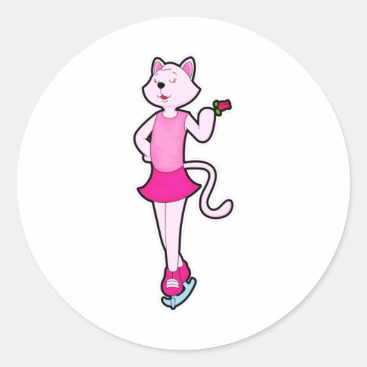 Cat the Ice skating with Flower Ronde Sticker (Voorkant)