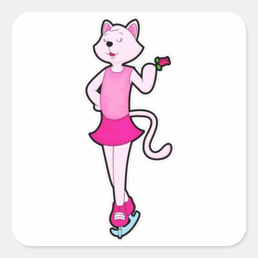 Cat the Ice skating with Flower Vierkante Sticker (Voorkant)
