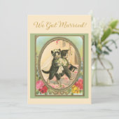 Cat Themed Wedding announcement Ivory and green Kaart (Staand voorkant)