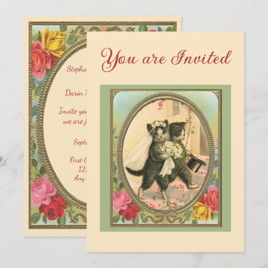 Cat Themed Wedding Ivory and green Kaart (Voorkant / Achterkant)