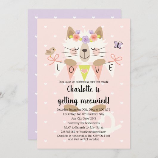 Cat Thmed Bridal Shower Invitations Floral Boho Kaart (Voorkant / Achterkant)