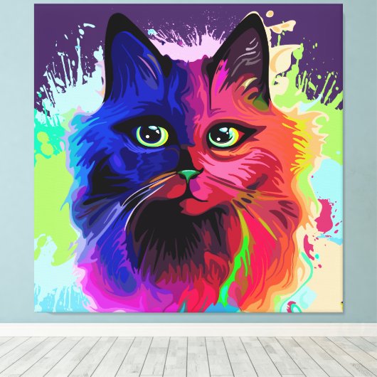 Cat Trippy Psychedelic Pop Art Canvas Afdruk (Insitu (Houten vloer))