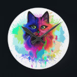 Cat Trippy Psychedelic Pop Art Ronde Klok<br><div class="desc">Psychedelic Trippy Pop Art Cat Portrait op Colorful Paint Spletters. Originele Vector IllustrationCopyright BluedarkArt TheChameleonArt.</div>