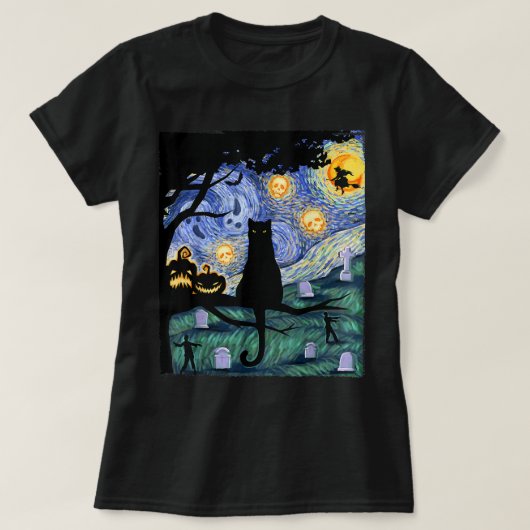 Cat Tshirt, Scary Night Cat T-shirt, Van Gogh Gift T-shirt (Design voorkant)