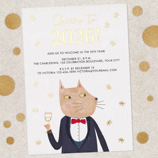 Cat Tuxedo New Year's Eve 2026 Foil Party Invite Folie Feestdagenkaart