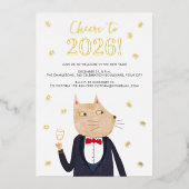 Cat Tuxedo New Year's Eve 2026 Foil Party Invite Folie Feestdagenkaart (Voorkant)
