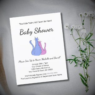 Cat Twins Blauw Roze Elegant Baby shower Aankondigingskaart