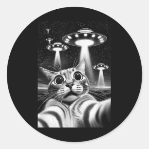 Cat Ufo _ Grappige invasie meme Retro Alien Cat Uf Ronde Sticker