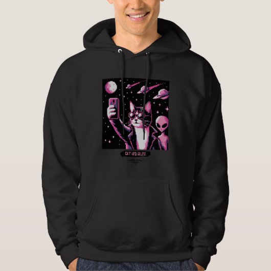 Cat UFO Selfie: Pixel Art #12 (Roze Kat) Hoodie (Voorkant)