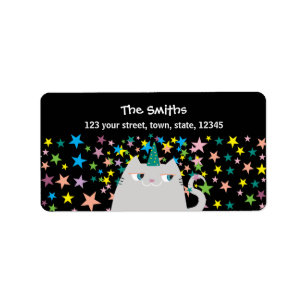 Cat Unicorn Colorful Stars Black Return Address Etiket