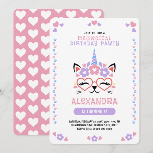 Cat Unicorn hoort roze Paarse Blauwe Verjaardag Kaart (Voorkant / Achterkant)