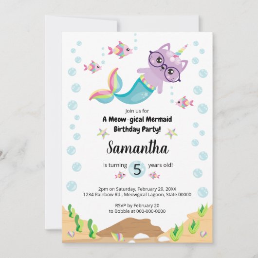 Cat Unicorn Mermaid under the Zee Birthday Party Kaart (Voorkant)