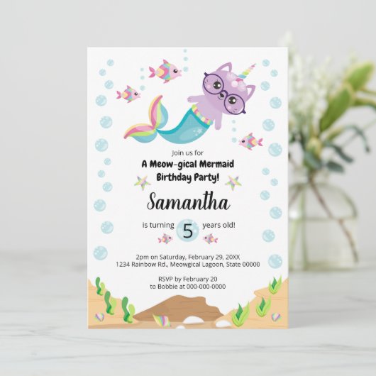 Cat Unicorn Mermaid under the Zee Birthday Party Kaart (Staand voorkant)