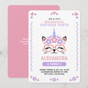 Cat Unicorn Pink Paars Blue Birthday Party Kaart