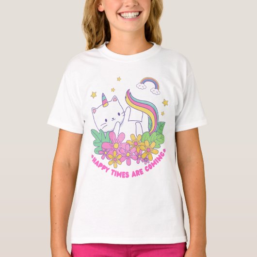 Cat Unicorn Rainbow Happy Times komt eraan T-shirt (Voorkant)