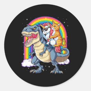 Cat Unicorn Riding Dinosaur T Rex Kitten Lover Spa Ronde Sticker