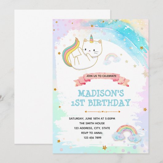 Cat unicorn verjaardagsdouche uitnodiging (Voorkant / Achterkant)