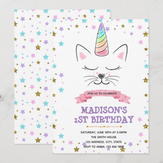 Cat unicorn verjaardagsuitnodiging feestdagenkaart (Voorkant / Achterkant)