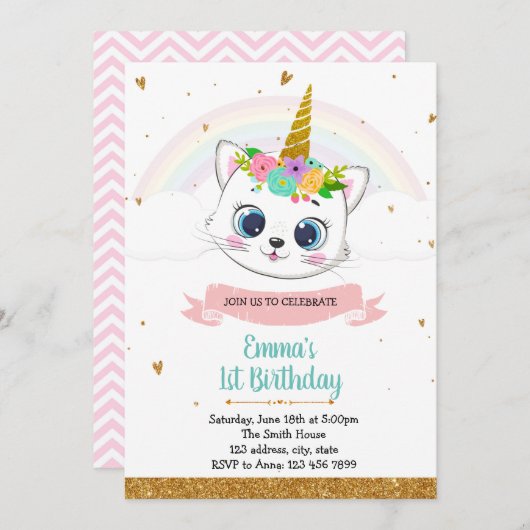 Cat unicorn verjaardagsuitnodiging kaart (Voorkant / Achterkant)