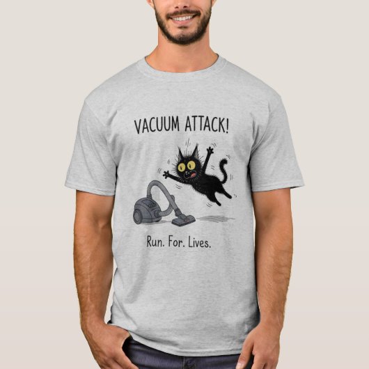 Cat Vacuum Attack Funny Graphic T-Shirt (Voorkant)