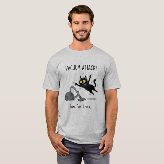 Cat Vacuum Attack Funny Graphic T-Shirt (Voorkant volledig)
