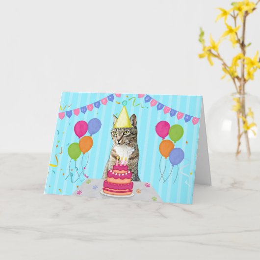 Cat Verjaardagsvakantie Kaart (Gele Bloem)