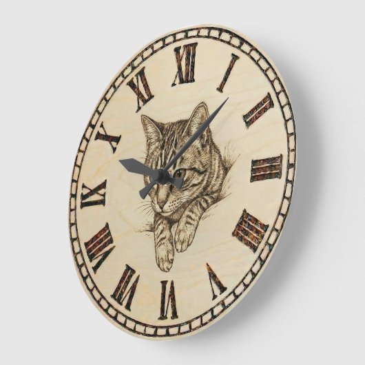 Cat Wall Clock with Wood-Burned Style Illustration Grote Klok (Hoek)