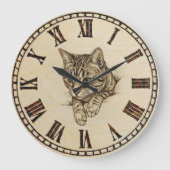 Cat Wall Clock with Wood-Burned Style Illustration Grote Klok (Voorkant)