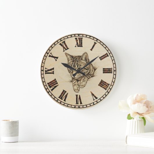 Cat Wall Clock with Wood-Burned Style Illustration Grote Klok (Huis)