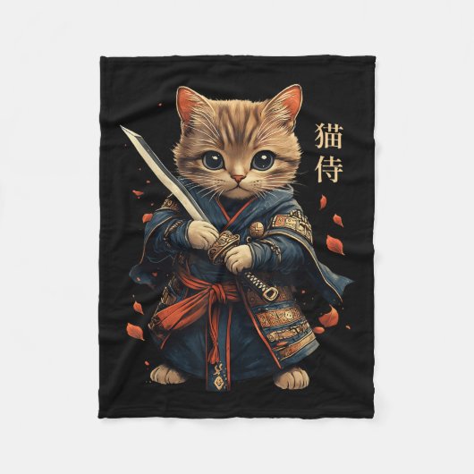 Cat Warrior Japanese Samurai Cat Tattoo Kawaii Nin Fleece Deken (Voorkant)