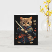 Cat Warrior Japanese Samurai Cat Tattoo Kawaii Nin Kaart (Gele Bloem)