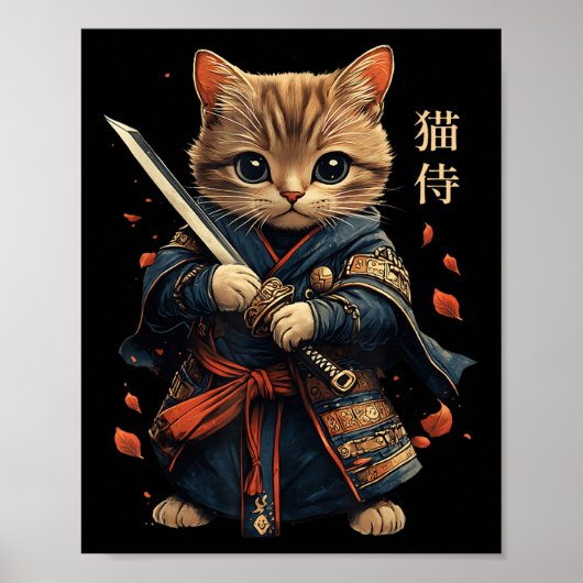 Cat Warrior Japanese Samurai Cat Tattoo Kawaii Nin Poster (Voorkant)