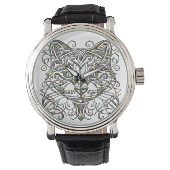 Cat Watch met Abalone Metallic 3d Jewelry Kijk Horloge (Voorkant)
