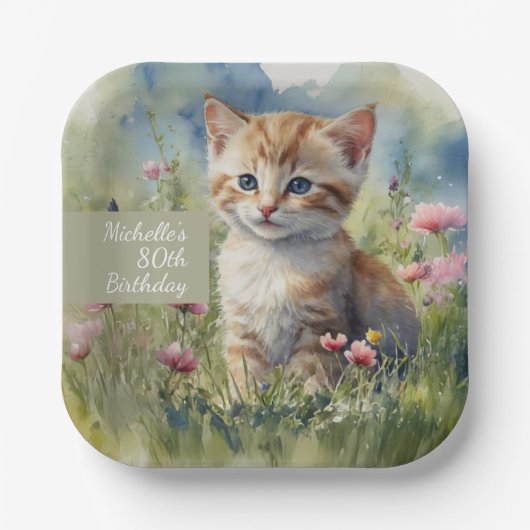Cat Watercolor Flowers 80th Birthday Papieren Bordje (Voorkant)