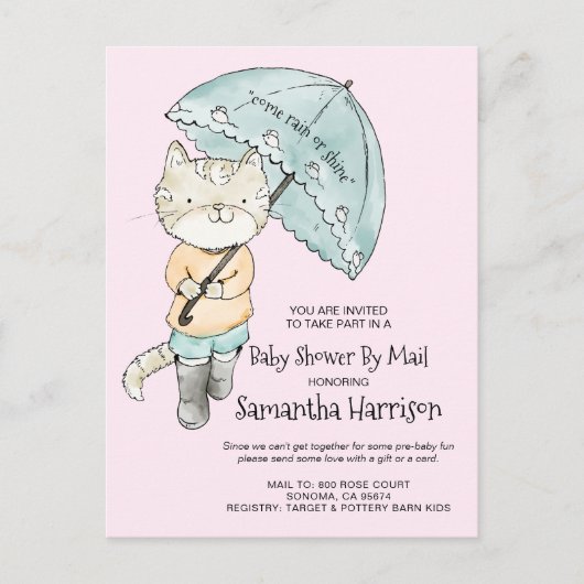 Cat Waterverf Cat Umbrella Baby shower per post Uitnodiging Briefkaart (Voorkant)