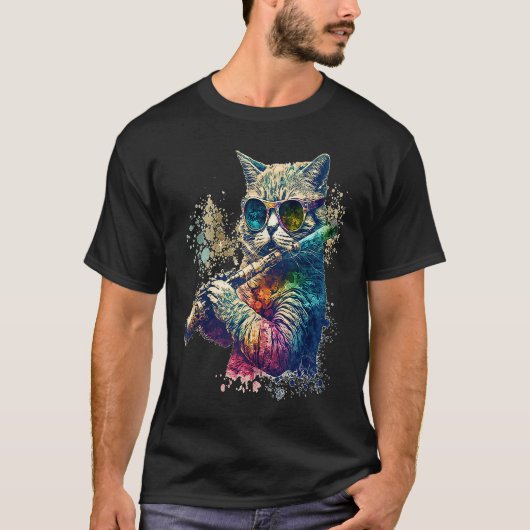 Cat Wearing Sunglasses Playing Flute Colorful Tank (Voorkant)