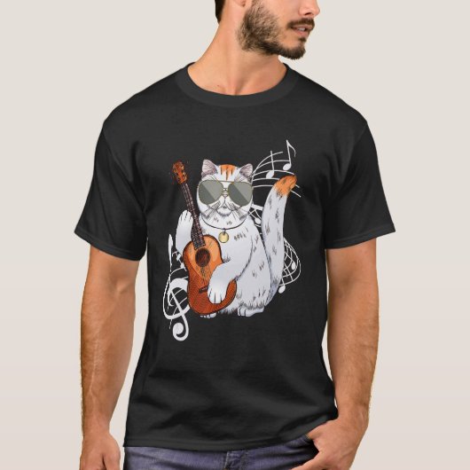Cat wearing sunglasses playing Guitar Guitarist T-shirt (Voorkant)