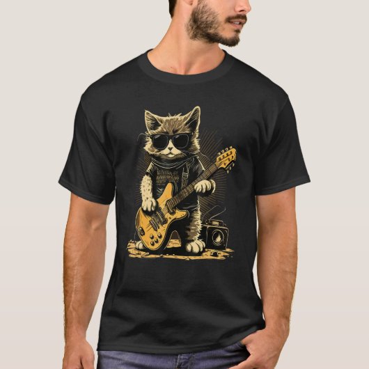 Cat wearing sunglasses playing Guitarist T-shirt (Voorkant)