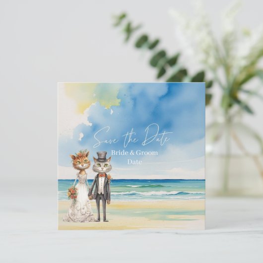 Cat Wedding Beach Wedding Thema Save The Date (Staand voorkant)