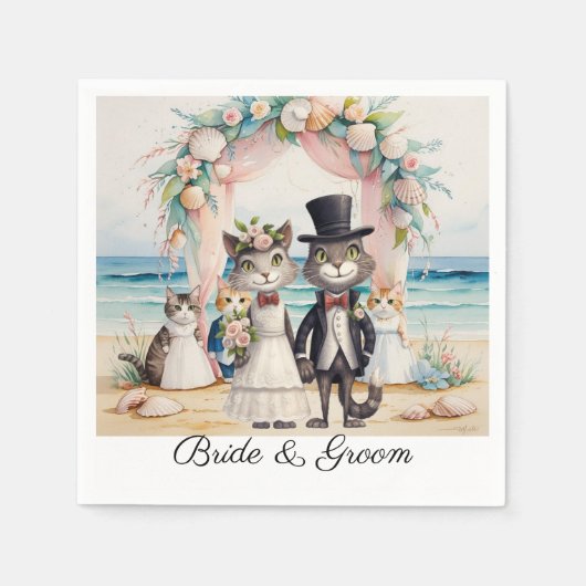 Cat Wedding met bruid en bruidegom Beach thema Servet (Voorkant)