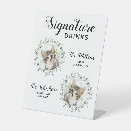 Cat Wedding Signature Drinks Custom 2 Pet Photo Reclamebord Met Voetstuk (Voorkant)