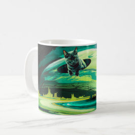 Cat Weird Space Landscape Surreal Coffee Mok Groen