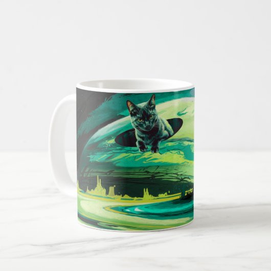 Cat Weird Space Landscape Surreal Coffee Mok Groen (Voorkant links)