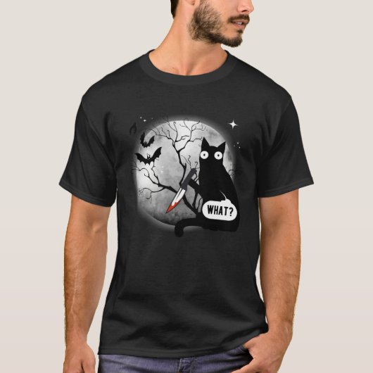 Cat What Assassin Murderous Cat & Knife Halloween T-shirt (Voorkant)