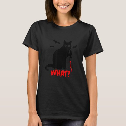 Cat What  Black Cat Murderous Cat With Knife Hallo T-shirt (Voorkant)